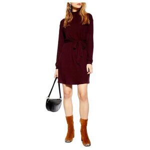 TopShop Belted Ribbed Mini Sweater Dress in Burgundy - Size 10